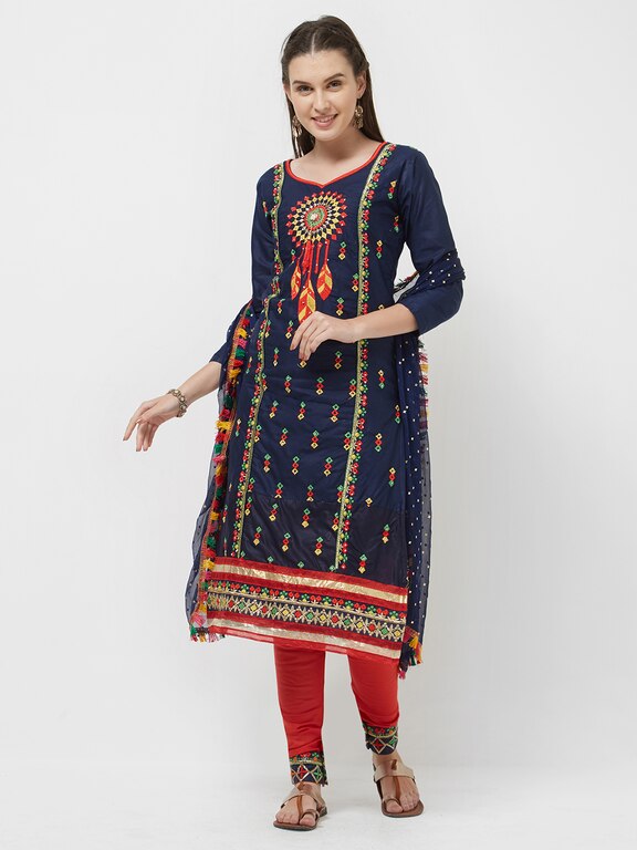 Viva N Diva Navy Blue Embroidered Cotton Office Dress Material